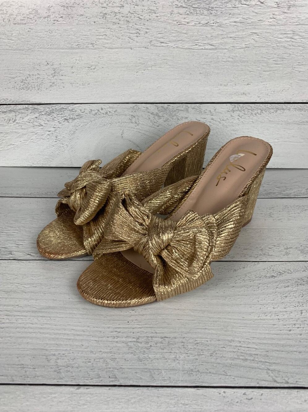 Lulus Women's Size 9 Dorothea Gold Knotted Bow Slip On High Heel Sandals Formal